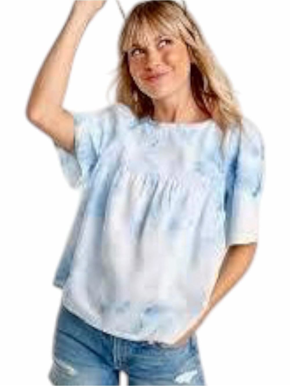 Old Navy Light Blue White Tie-Dye Denim Babydoll Swing Top Blouse Size Medium